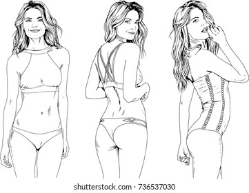 set of vector drawings on the theme of girls in bathing suits hand-drawn in ink 