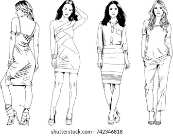 set of vector drawings on the theme of beautiful girls drawn by hand with ink without a background