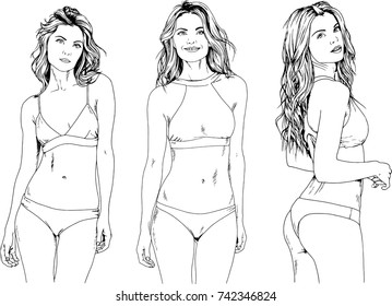set of vector drawings on the theme of girls in bathing suits hand-drawn in ink 