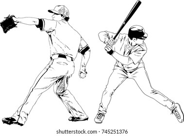 set of vector drawings on the theme of sport baseball drawn ink from hands without a background