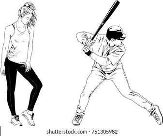 set of vector drawings on the theme of sport baseball drawn ink from hands without a background