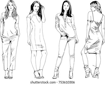 set of vector drawings on the theme of beautiful girls drawn by hand with ink without a background