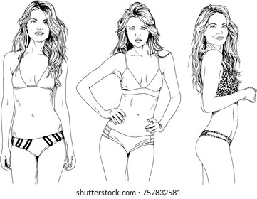 set of vector drawings on the theme of beautiful girls drawn by hand with ink without a background