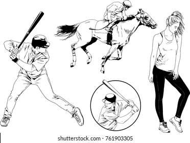 set of vector drawings on the theme of sport baseball drawn ink from hands without a background