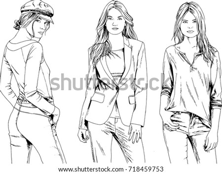 set of vector drawings on the theme of beautiful girls drawn by hand with ink on a white background