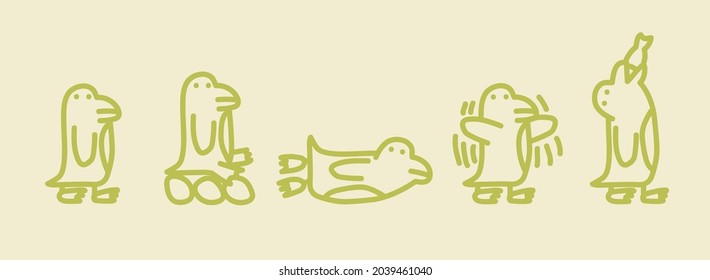 Conjunto de dibujos vectoriales con pingüinos. Diferentes emociones de pingüinos. Ilustración dibujada a mano.