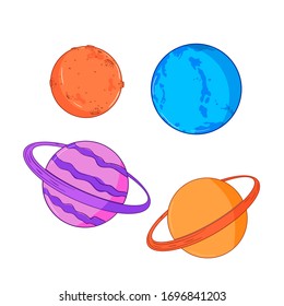 Set of vector drawings of planets flat, cartoon on a white isolated background. Color pattern, bright, children`s background