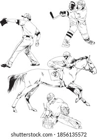 set of vector drawings - players of different sports-hockey player, football player, baseball, drawn in ink by hand