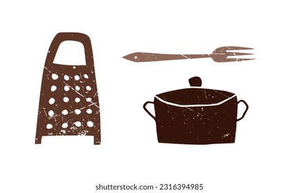 Conjunto de dibujos vectoriales de macetas, gráforas y tenedores. Plano, silueta, minimalismo, grano, marrón sobre blanco. Cocina, cafetería, restaurante, menú, platos, comida, ama de casa. Eps10