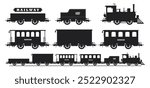 Set of vector drawings of railway transport silhouettes. Vintage steam locomotive, passenger and freight railway cars carriage.