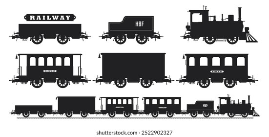 Set of vector drawings of railway transport silhouettes. Vintage steam locomotive, passenger and freight railway cars carriage.