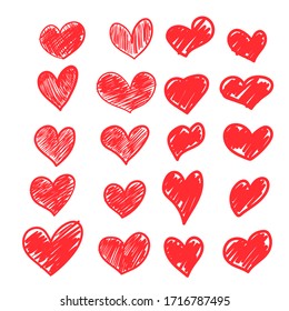 Set of vector drawings of red hearts handmade white isolated background, flat. Romantic background, symbol, wrapping, gifts, holiday, greeting card, decoration.