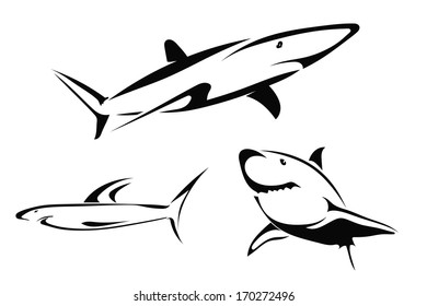 Set of vector drawings of sharks