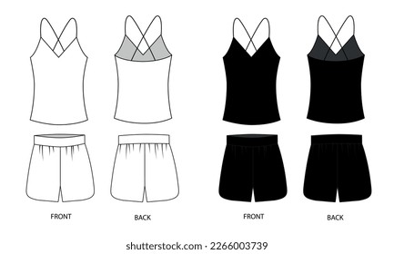 Set of vector drawings of silk top and silk shorts front and back view. Outline template of women's silk pajamas. Sleepwear, home wear, leisure wear vector template.