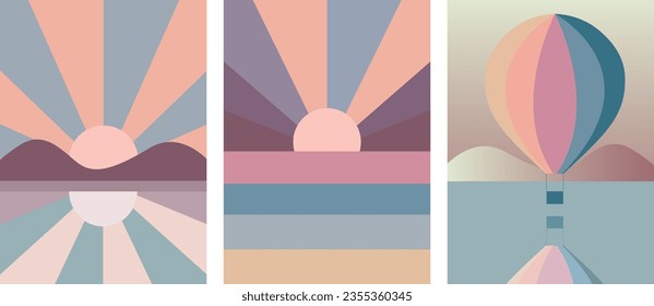 A set of vector drawings in soft pink and blue colors. Poster, banner, flyer template. A set of illustrations in a flat style, hot air balloon, mountains, sea.