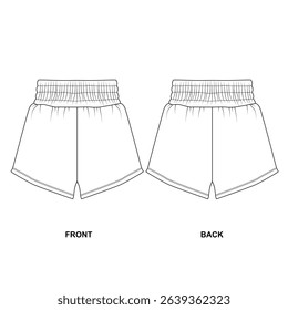 Set of vector drawings of sport shorts on elastic band front and back view. Template of basic short shorts. Shorts for home, vacation, sleep, beach, walking in summer.
