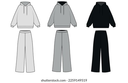 Set of vector drawings of sports suits in white, gray and black colors. Hoodie and wide trousers drawn on a white background. Pajama sketch consisting of a sweatshirt with a hood and sweatpants.