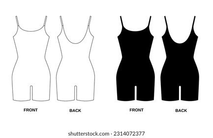 Set of vector drawings of sports tights in black and white. Jersey tracksuit template, front and back view. Sketch of suit for fitness, gym, wrestling, diving, athletics