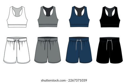 A set of vector drawings of a sports uniform. Vector template of sports shorts and sports bra for fitness, running, swimming. Sketch of short shorts with zip pocket and sports bodice, front and back.