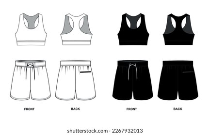 A set of vector drawings of a sports uniform from a t-shirt and shorts, white and black colors. Outline template of sports shorts and sports short top. Sketch of short shorts with zip pocket and top. 