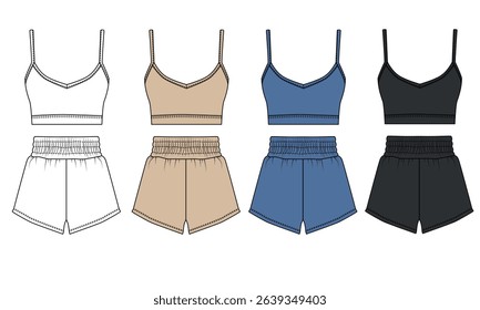 Set of vector drawings of sports uniforms, white, blue, beige, black colors. Sketch of clothing for home, sleep bodice and shorts. Shorts and bra template for fitness, running, gym.