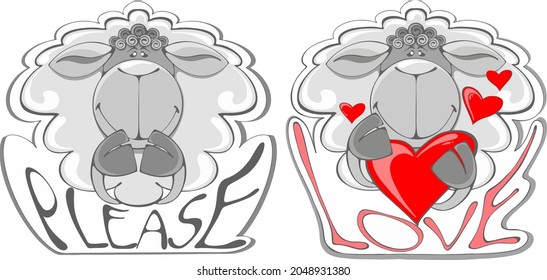 A set of vector drawings, stickers with sheep. Text in English (please and with love)