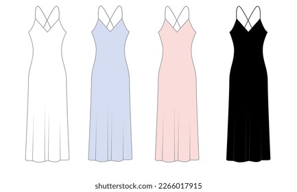 Set of vector drawings of summer long silk dresses with thin spaghetti straps. Template for an evening women's dress according to the figure. Sketch of a women's combination on the straps front, back.