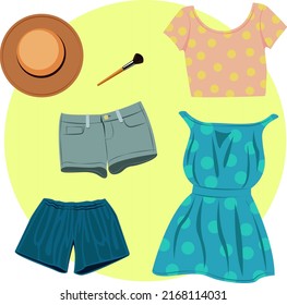 Set of vector drawings of summer women's clothing, dress, shorts, hat. Elements for creating summer banners, advertising in the field of fashion, sales, business