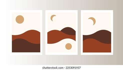 Un conjunto de dibujos vectoriales del sol, mes, montañas, en tonos de café. Cartas, imprenta, pancarta, afiche. Elementos vectores.
