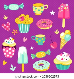set of vector drawings of sweets and decorative elements