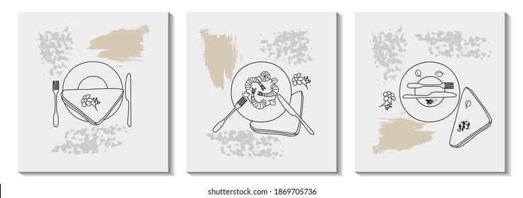 Set of vector drawings with a set of tables. Minimalistic fashion outlines of a plate, shrimp, napkin, fork and knife on a gray background. Hand-drawn outlines of dishes and food with texture. Banner.