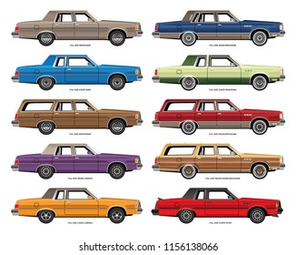 Set of vector drawings of variations of vintage full size sedans, coupes, and wagons.