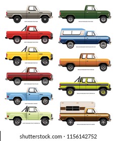 Set of vector drawings of variations of vintage full size pickup trucks.