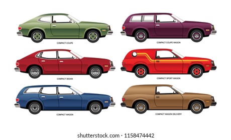 Set of vector drawings of variations of vintage compact sedans, coupes and wagons.