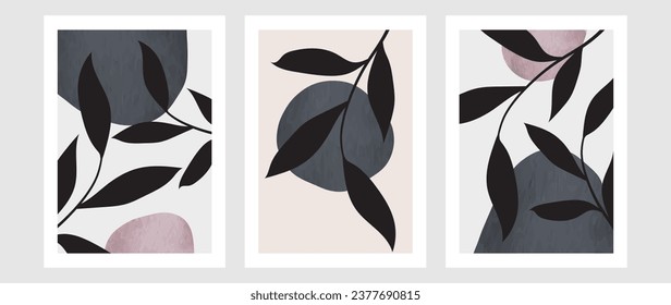 Set of vector drawings. Watercolor artistic design with abstract branch shape and brush texture. Design for print, cover, wallpaper, minimal and natural wall art.	