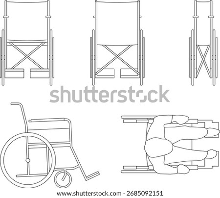 Set of vector drawings of wheelchairs in linear style front, side, top and back