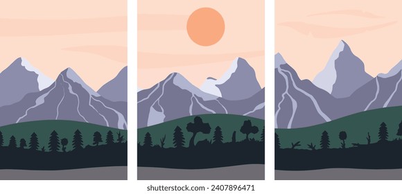 Set of vector drawings of wild nature, sun, mountains, trees. Template for banner, poster, card, cover. Vector file design elements.