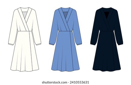 Set of vector drawings of women's dress with long sleeves. Technical drawing of a long dress with a V-neck, white, blue, black colors. Casual, fashionable dress template.