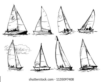 Set of vector drawings of yachts. Figures in the form of a sketch. It can be used to design brochures, advertising, travel.