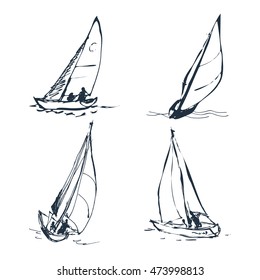 Set of vector drawings of yachts. Figures in the form of a sketch. It can be used to design brochures, advertising, travel.