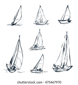 Set of vector drawings of yachts. Figures in the form of a sketch. It can be used to design brochures, advertising, travel.