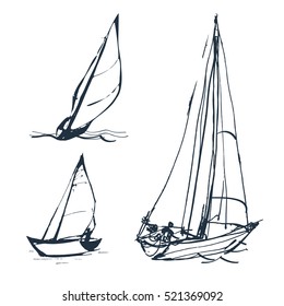 Set of vector drawings of yachts. Figures in the form of a sketch. It can be used to design brochures, advertising, travel.