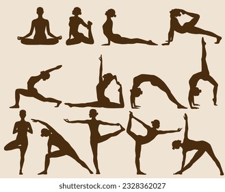 Un conjunto de dibujos vectoriales de poses de yoga, ejercicios de yoga realizados por una mujer