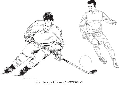 set of vector drawings-players of different sports-hockey player, football player, baseball, drawn in ink by hand