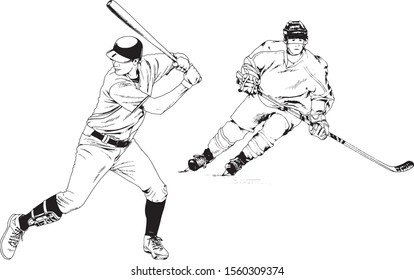 set of vector drawings-players of different sports-hockey player, football player, baseball, drawn in ink by hand