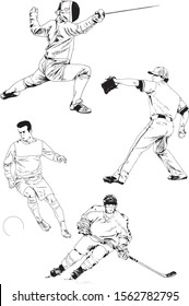set of vector drawings-players of different sports-hockey player, football player, baseball, drawn in ink by hand