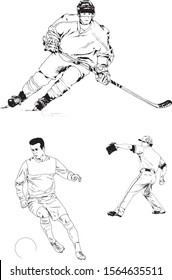 set of vector drawings-players of different sports-hockey player, football player, baseball, drawn in ink by hand