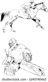 set of vector drawings-players of different sports-hockey player, football player, baseball, drawn in ink by hand