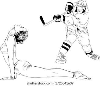 set of vector drawings-players of different sports-hockey player, football player, baseball, drawn in ink by hand