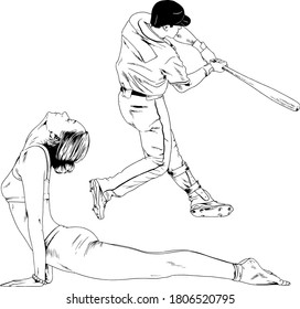 set of vector drawings-players of different sports-hockey player, football player, baseball, drawn in ink by hand